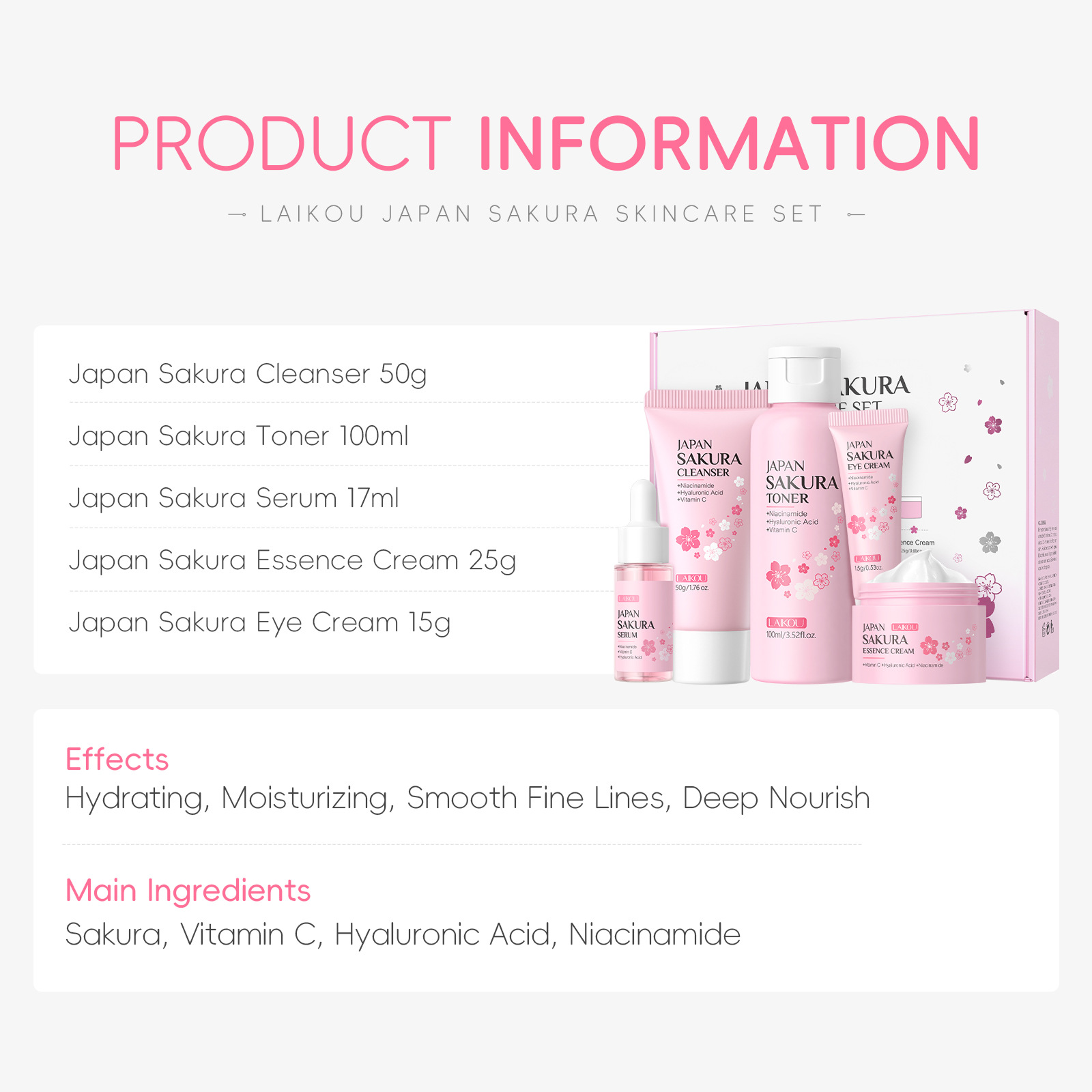 LAIKOU Sakura 5-częściowy zest – Essence Serum Toner recenzja i cena